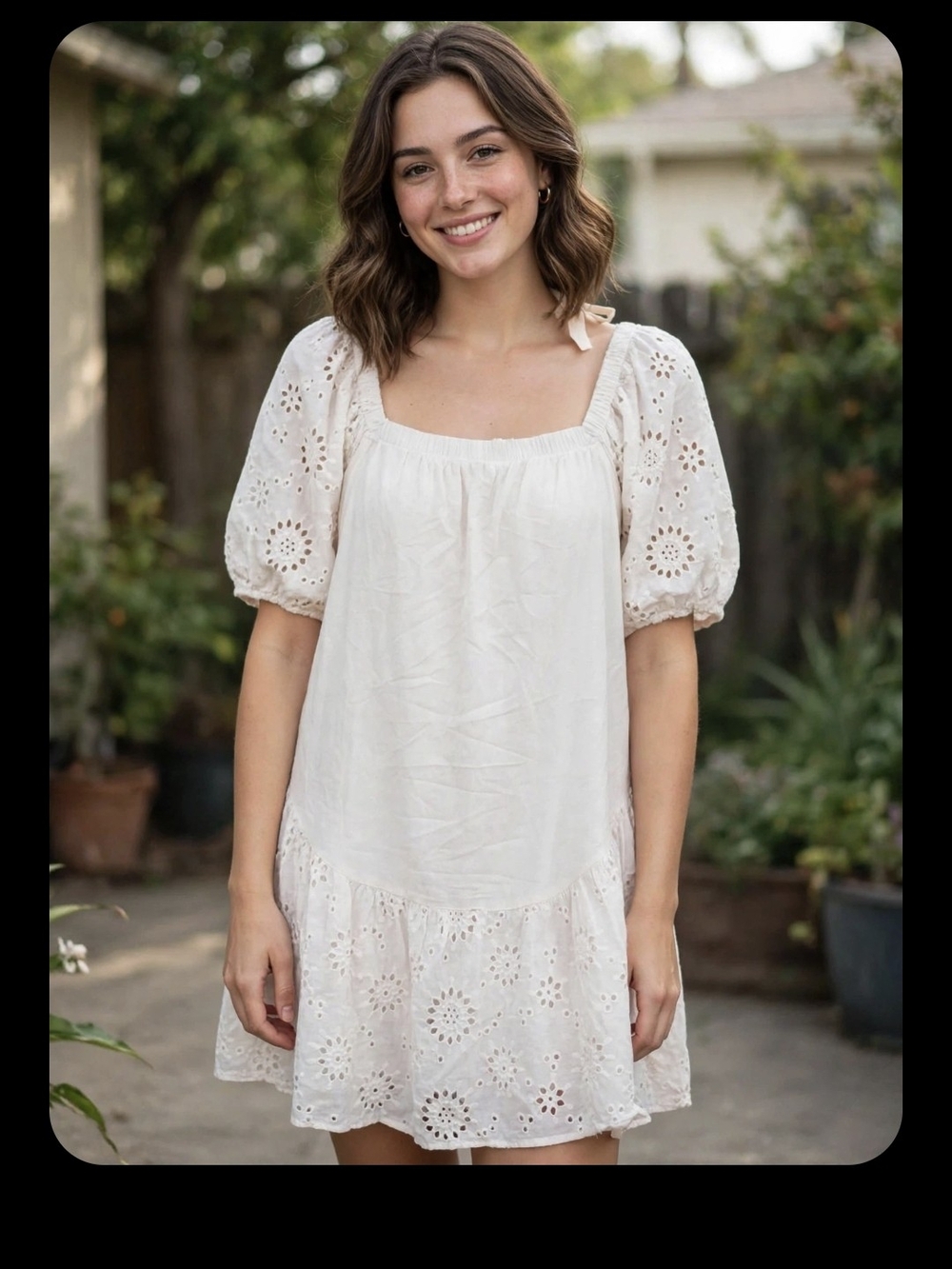Listicle Cream Eyelet Puff Sleeve Mini Dress